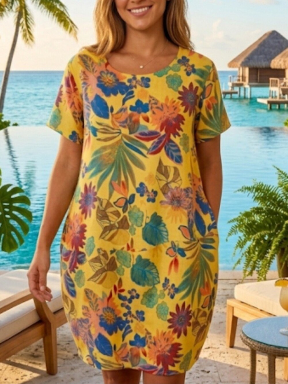 Nais Floral 100% Italian Linen Short Sleeve Balloon Dress Lagenlook